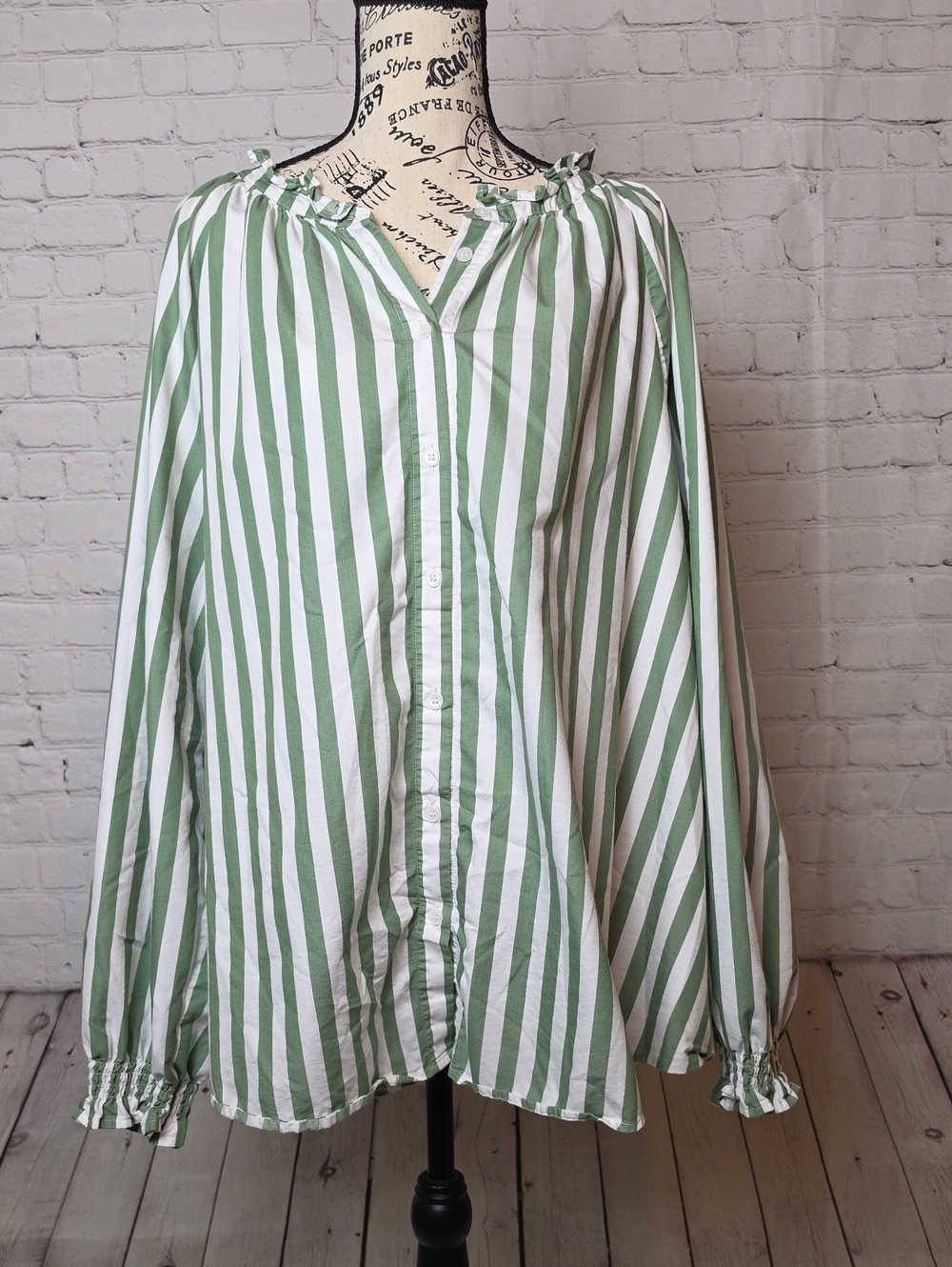 Lane Bryant Green and White Striped Button-Down Shirt